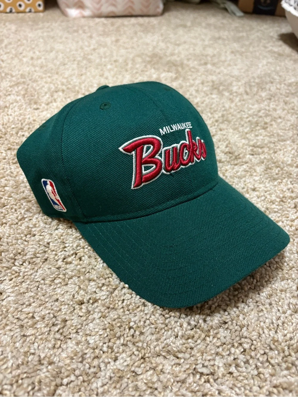 adidas Milwaukee Bucks Green Baseball Cap with Red Script